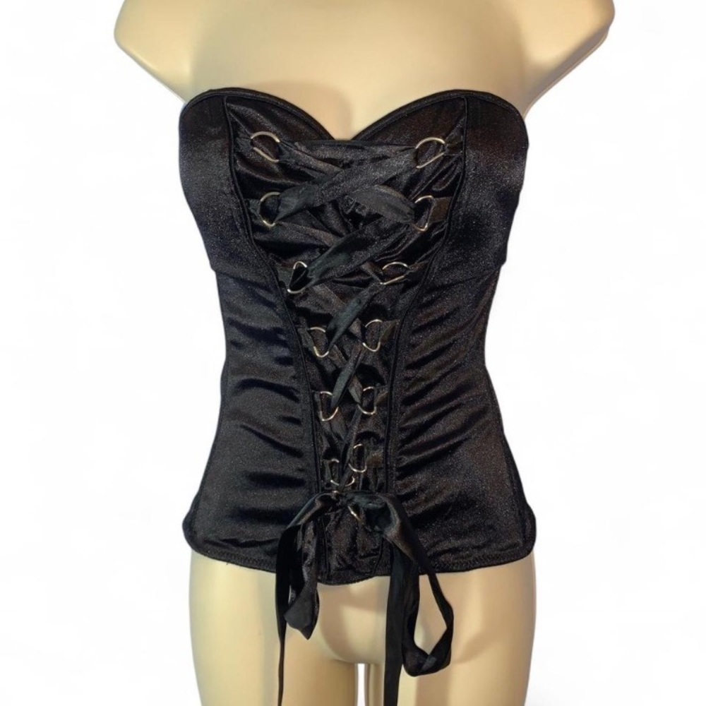 New Black satin ribbon Lace-Up Corset Top 36 B medium top going out sweetheart